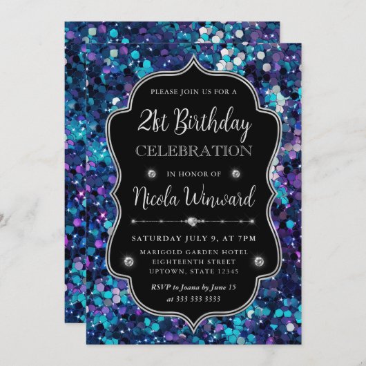 パープルとブルーマーメイドシークインフレーム誕生日 招待状 (正面/裏面)