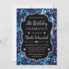 パープルとブルーマーメイドシークインフレーム誕生日 招待状