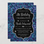 パープルとブルーマーメイドシークインフレーム誕生日 招待状 (正面/裏面)