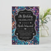 パープルとブルーマーメイドシークインフレーム誕生日 招待状 (スタンド正面)