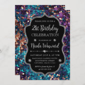 パープルとブルーマーメイドシークインフレーム誕生日 招待状 (正面/裏面)