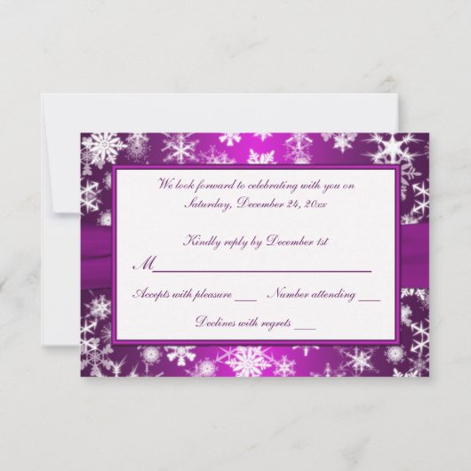 パープルとホワイトのスノーフレーク ウェディング返信カード 出欠カード (裏面)
