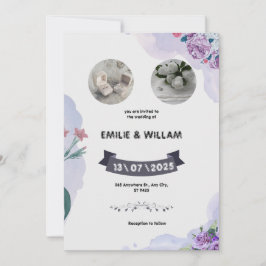 パープルとホワイトの水彩画 ウェディング招待状 招待状