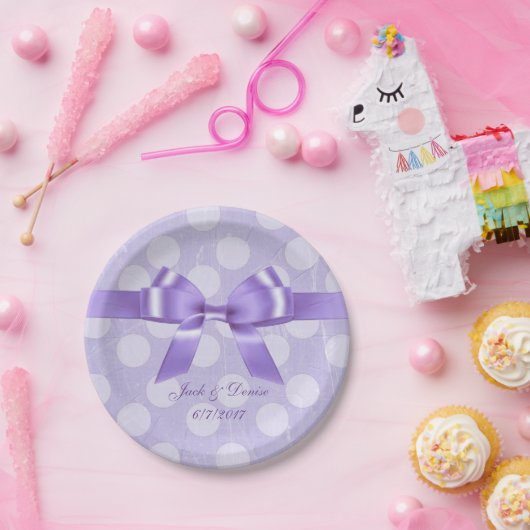 パープルとホワイトの水玉模様プレート ペーパープレート (パーティー)