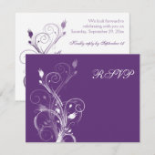 パープルとホワイトの花柄の出欠確認カード 招待状 (正面/裏面)