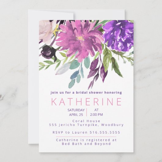 パープルとマウーブの水色フローラブライダルシャワー 招待状 (正面)
