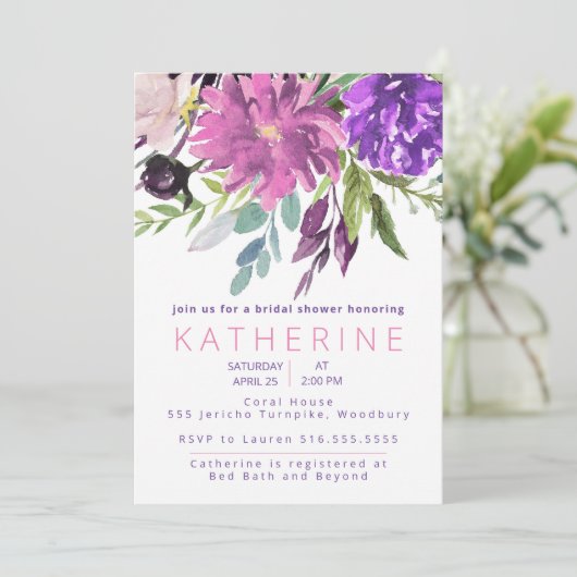 パープルとマウーブの水色フローラブライダルシャワー 招待状 (スタンド正面)