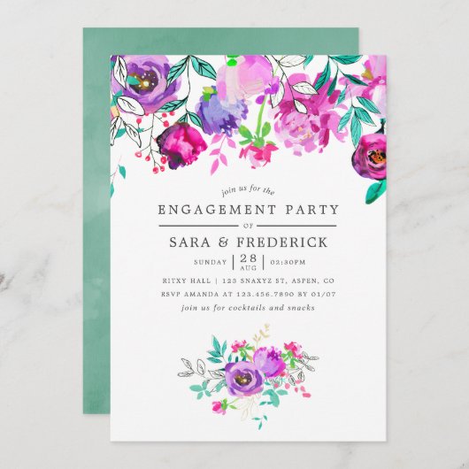 パープルとミントフローラ婚約パーティ招待 招待状 (正面/裏面)
