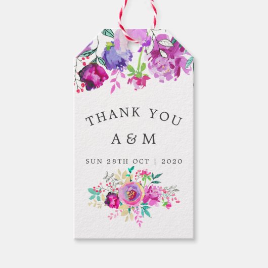 パープルとミントフローラ結婚の感謝 ギフトタグ (正面)