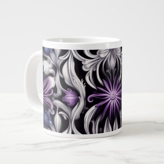 パープルとライトパープルの花の抽象芸術 ジャンボコーヒーマグカップ (正面左)
