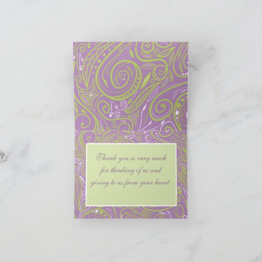 パープルとライムのペイズリー結婚式テーマ サンキューカード (内部)