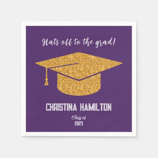 パープルと金ゴールドの卒業キャップ スタンダードカクテルナプキン (正面)