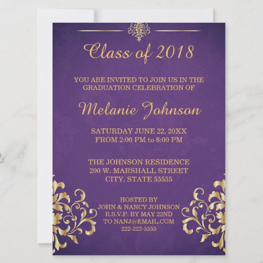パープルと金ゴールドの卒業招待状 招待状 (裏面)