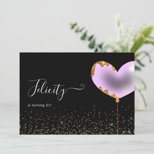 パープルと金ゴールドの誕生日パーティーの招待 招待状 (スタンド正面)