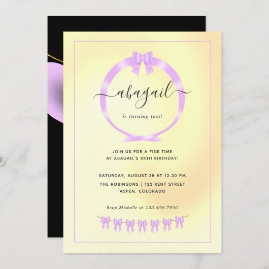 パープルと金ゴールドの誕生日パーティーの招待 招待状 (正面/裏面)