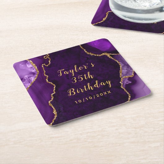パープルと金ゴールドアガテマーブル誕生日 スクエアペーパーコースター (アングル)