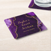 パープルと金ゴールドアガテマーブルSweet sixteen スクエアペーパーコースター (アングル)