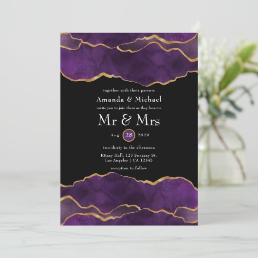 パープルと金ゴールドアゲート結婚式招待状 招待状 (スタンド正面)