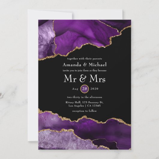パープルと金ゴールドアゲート結婚式招待状 招待状 (正面)