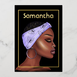 パープルと金ゴールドアフロの誕生日パーティー 箔招待状