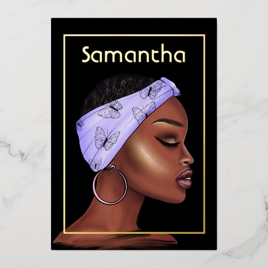 パープルと金ゴールドアフロの誕生日パーティー 箔招待状 (正面)