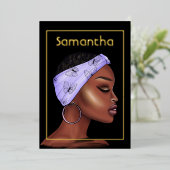 パープルと金ゴールドアフロの誕生日パーティー 箔招待状 (立ち正面)