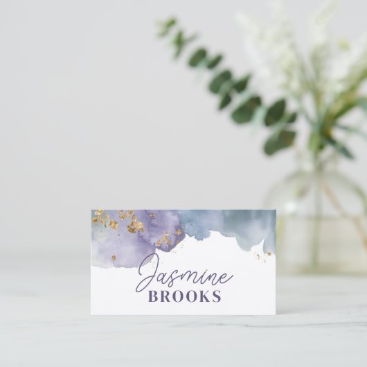 パープルと金ゴールドウォーターカラーラグジュアリー 名刺 (スタンド正面)