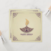 パープルと金ゴールドオーナメントハッピーディワリ  カード (正面/裏面インサイチュ)