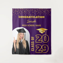 パープルと金ゴールドカスタムの卒業の背景と写真 タペストリー