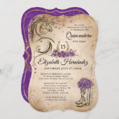 パープルと金ゴールドキンセアニラ素朴ホース誕生日 招待状 (正面/裏面)