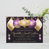 パープルと金ゴールドクリスマスバウブルズスウィート16 招待状 (スタンド正面)