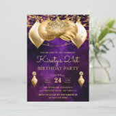 パープルと金ゴールドクリスマスバウブル21歳の誕生日 招待状 (スタンド正面)