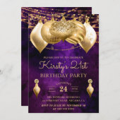 パープルと金ゴールドクリスマスバウブル21歳の誕生日 招待状 (正面/裏面)