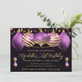 パープルと金ゴールドクリスマスバウブル21歳の誕生日 招待状 (スタンド正面)