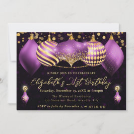 パープルと金ゴールドクリスマスバウブル21歳の誕生日 招待状