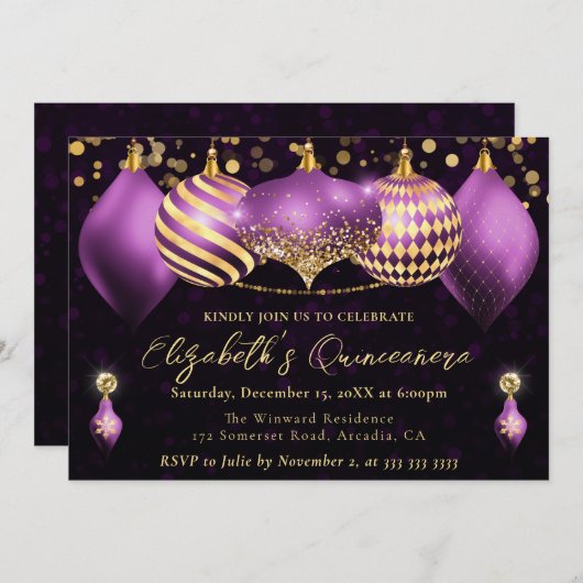 パープルと金ゴールドクリスマスボードブルキンセアニェラ 招待状 (正面/裏面)