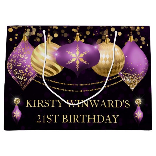 パープルと金ゴールドクリスマスボードブル誕生日 ラージペーパーバッグ (正面)