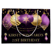 パープルと金ゴールドクリスマスボードブル誕生日 ラージペーパーバッグ (裏面)