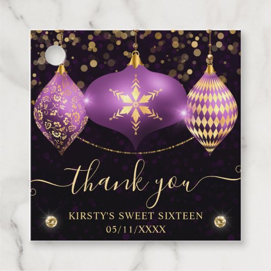 パープルと金ゴールドクリスマスボードブルSweet sixteen フェイバータグ (正面)