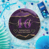 パープルと金ゴールドグリッターアガテマーブルスウィート16 ペーパープレート (パーティー)