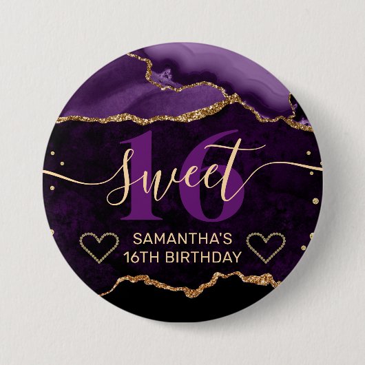 パープルと金ゴールドグリッターアガテマーブルスウィート16 缶バッジ (正面)