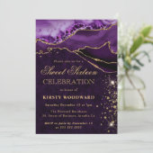 パープルと金ゴールドグリッターアゲートスウィート16 招待状 (スタンド正面)