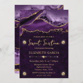 パープルと金ゴールドグリッターアゲートスウィート16 招待状 (正面/裏面)