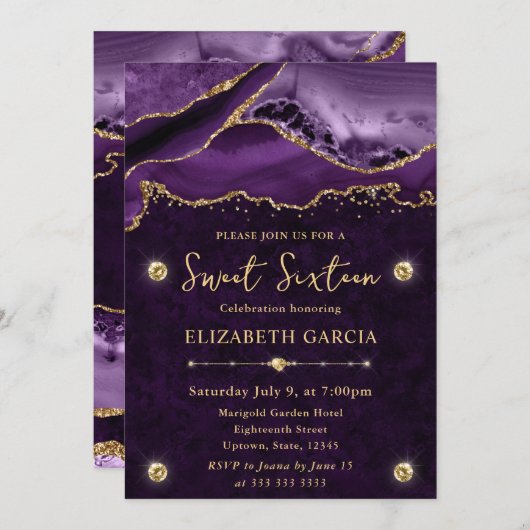 パープルと金ゴールドグリッターアゲートスウィート16 招待状 (正面/裏面)