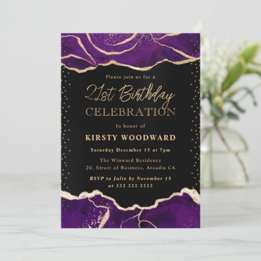 パープルと金ゴールドグリッターアゲート誕生日パーティー 招待状 (スタンド正面)