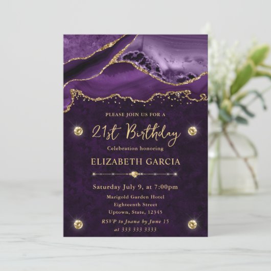 パープルと金ゴールドグリッターアゲート21歳の誕生日 招待状 (スタンド正面)