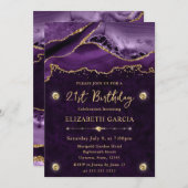 パープルと金ゴールドグリッターアゲート21歳の誕生日 招待状 (正面/裏面)
