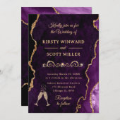 パープルと金ゴールドグリッターアゲート&マーブル結婚ズ 招待状 (正面/裏面)