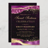 パープルと金ゴールドグリッターグラムティアーズSweet sixteen 招待状 (正面/裏面)