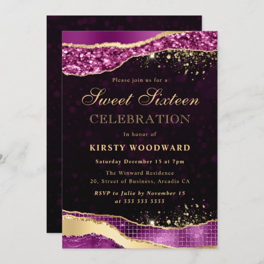 パープルと金ゴールドグリッターグラムティアーズSweet sixteen 招待状 (正面/裏面)